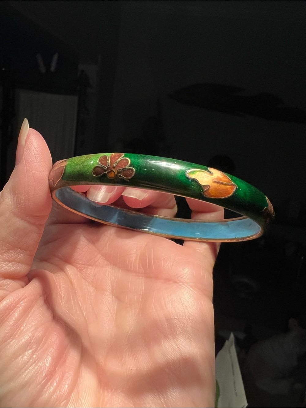 Green Floral Cloisonné Bangle Bracelet Vintage or Antique EUC
